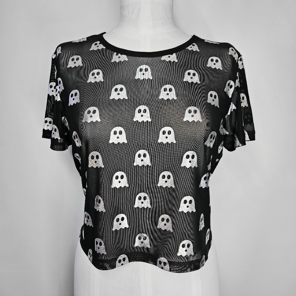 Black Friday Size 12 NEW Top Short Sleeve Sheer Black Mesh Silver Ghost Stretchy